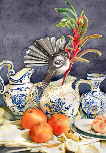 Grey Fantail with Kangaroo Paws and Mandarins | Original Artwork