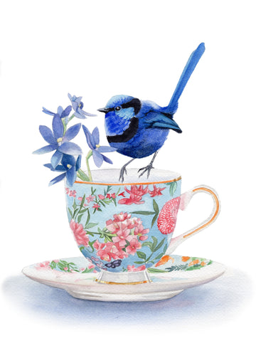 Male Splendid Wren & Blue Lady Orchids Teacup | Fine Art Print