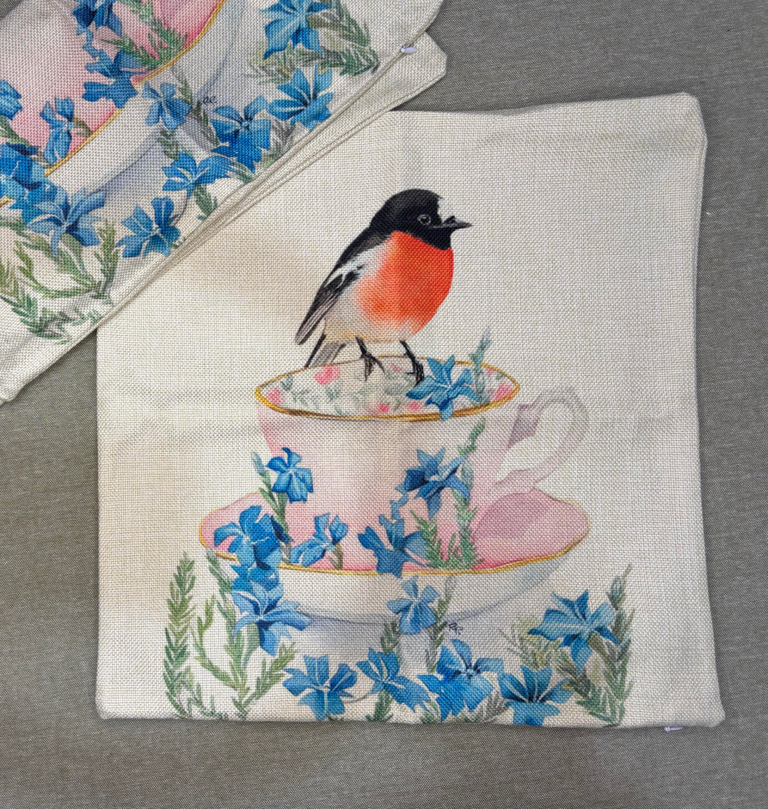 Scarlet Robin & Leschenaultia Teacup Cushion Cover