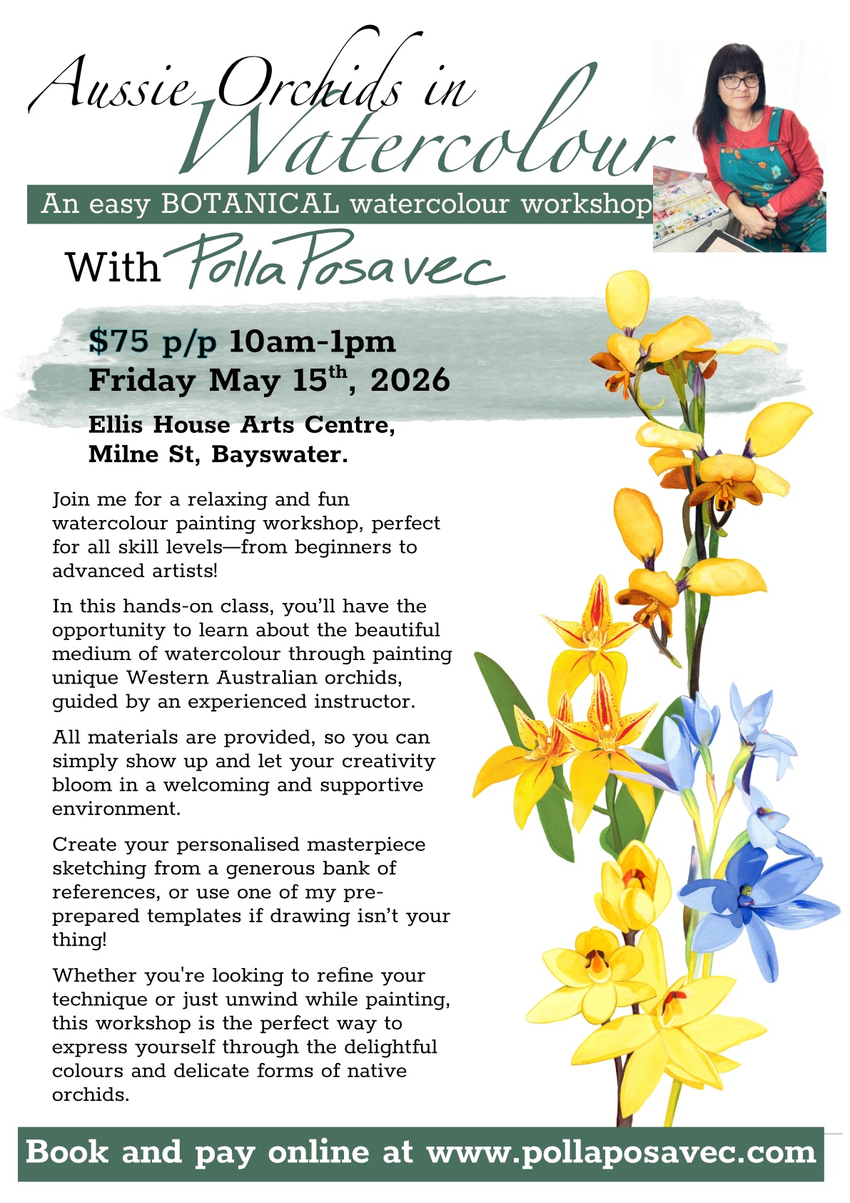 Advertisement for a watercolour workshop with orchids on a green background