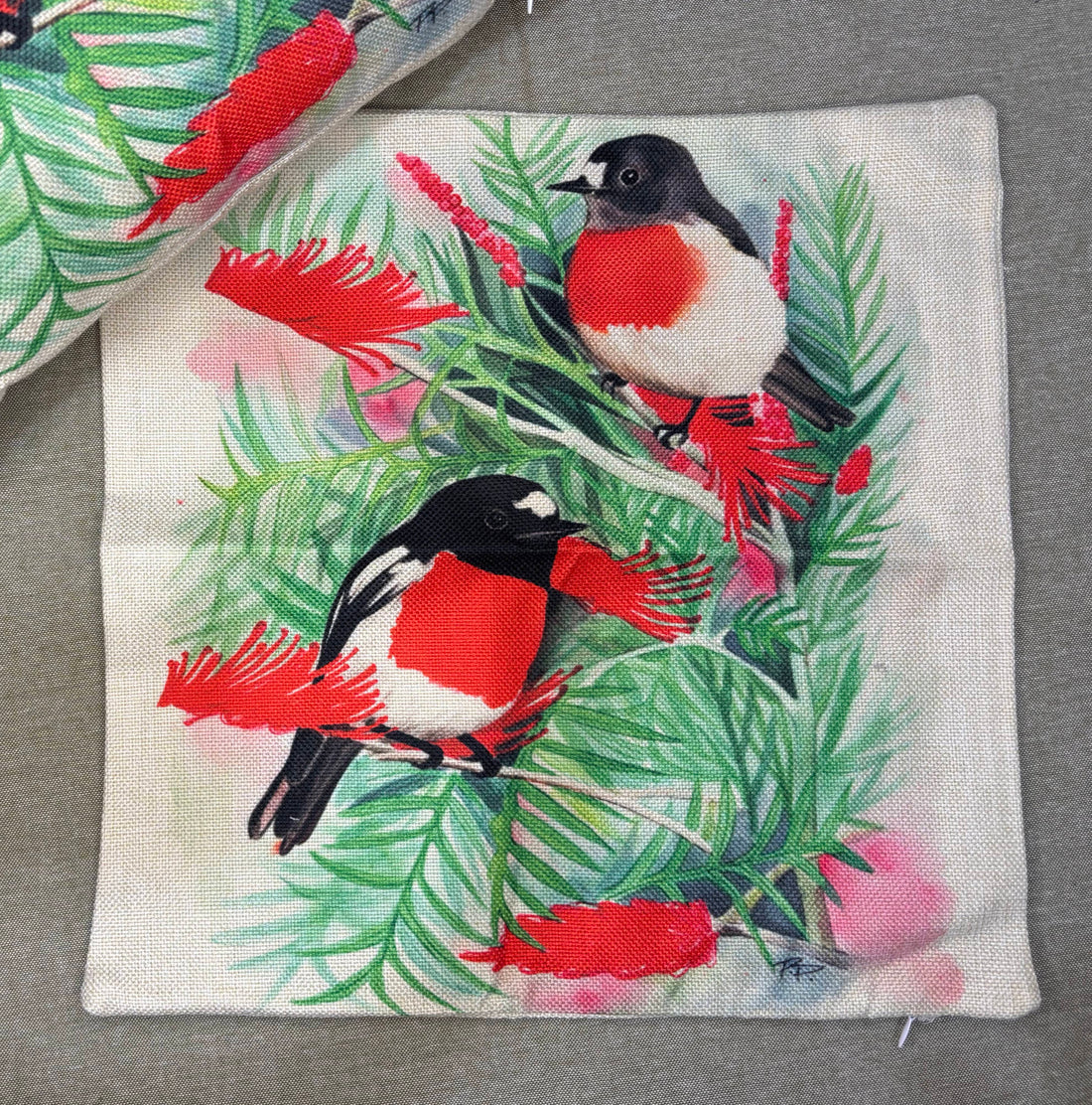 Scarlet Robin & Grevillea Cushion Cover