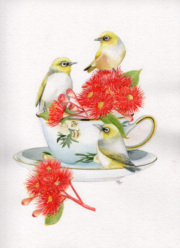 Silvereyes & Red Flowering Gum Teacup | Original Artwork